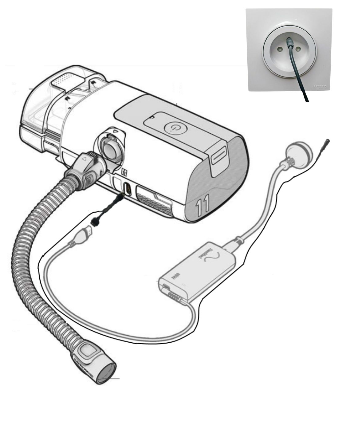 Branchement du cordon de mise à la terre du respirateur ResMed AirSense 11 à douille cylindrique